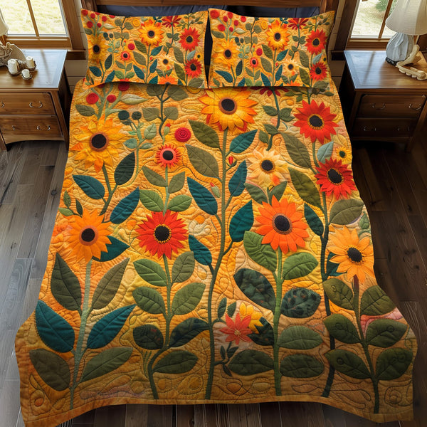 Endearing Sunflowers quilted 3-piece bedding set on a made bed with two matching pillow shams