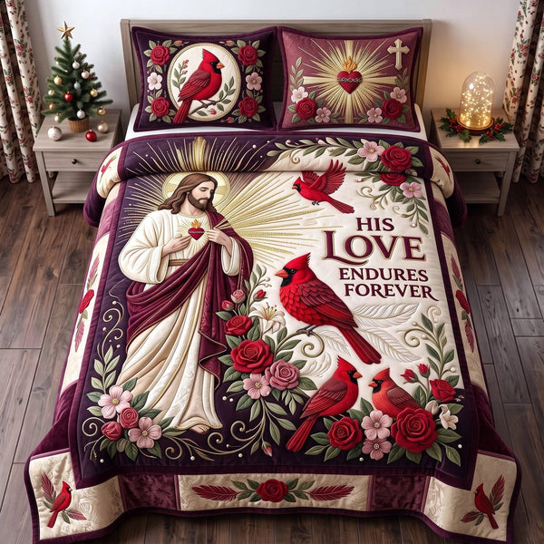 Endless Grace quilted 3-piece bedding set on a made bed with two matching pillow shams