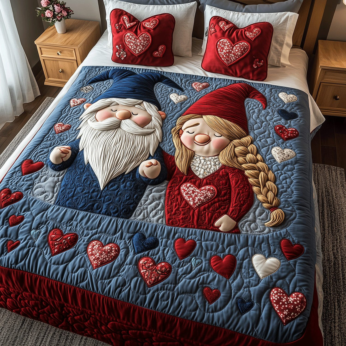 Endless Heartbeats quilted 3-piece bedding set on a made bed with two matching pillow shams