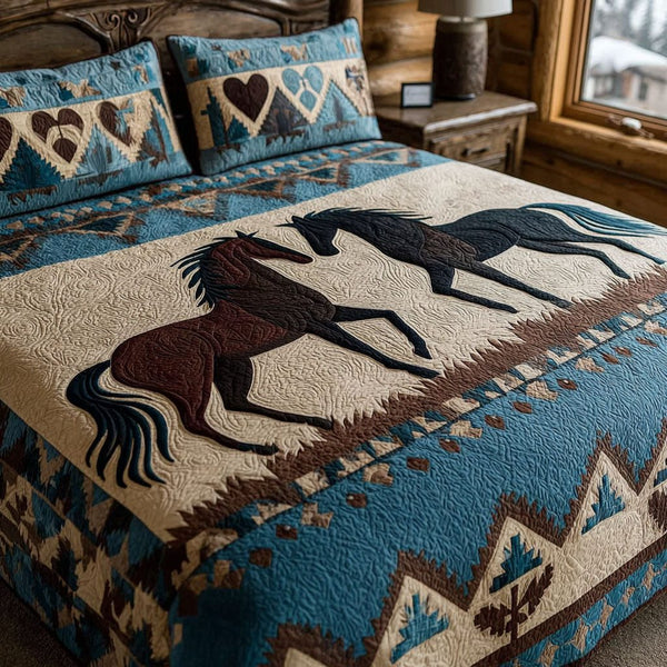Endless Horizon Romance quilted 3-piece bedding set on a made bed with two matching pillow shams
