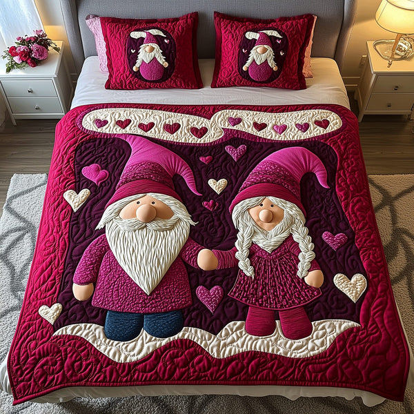 Endless Love Story quilted 3-piece bedding set on a made bed with two matching pillow shams