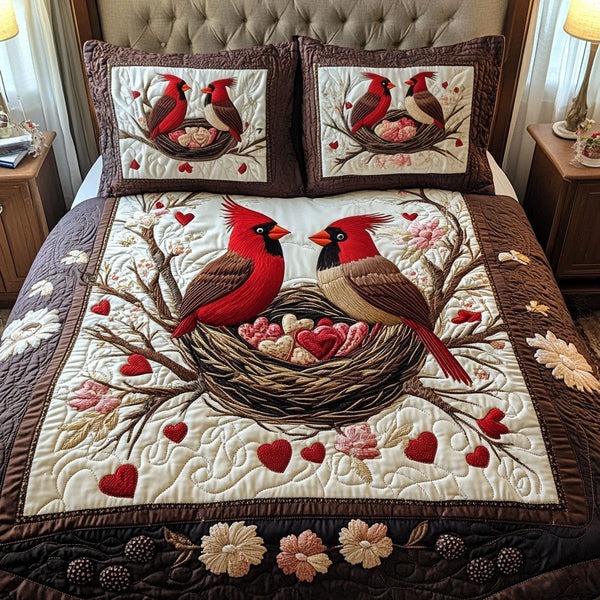Endless Nest quilted 3-piece bedding set on a made bed with two matching pillow shams