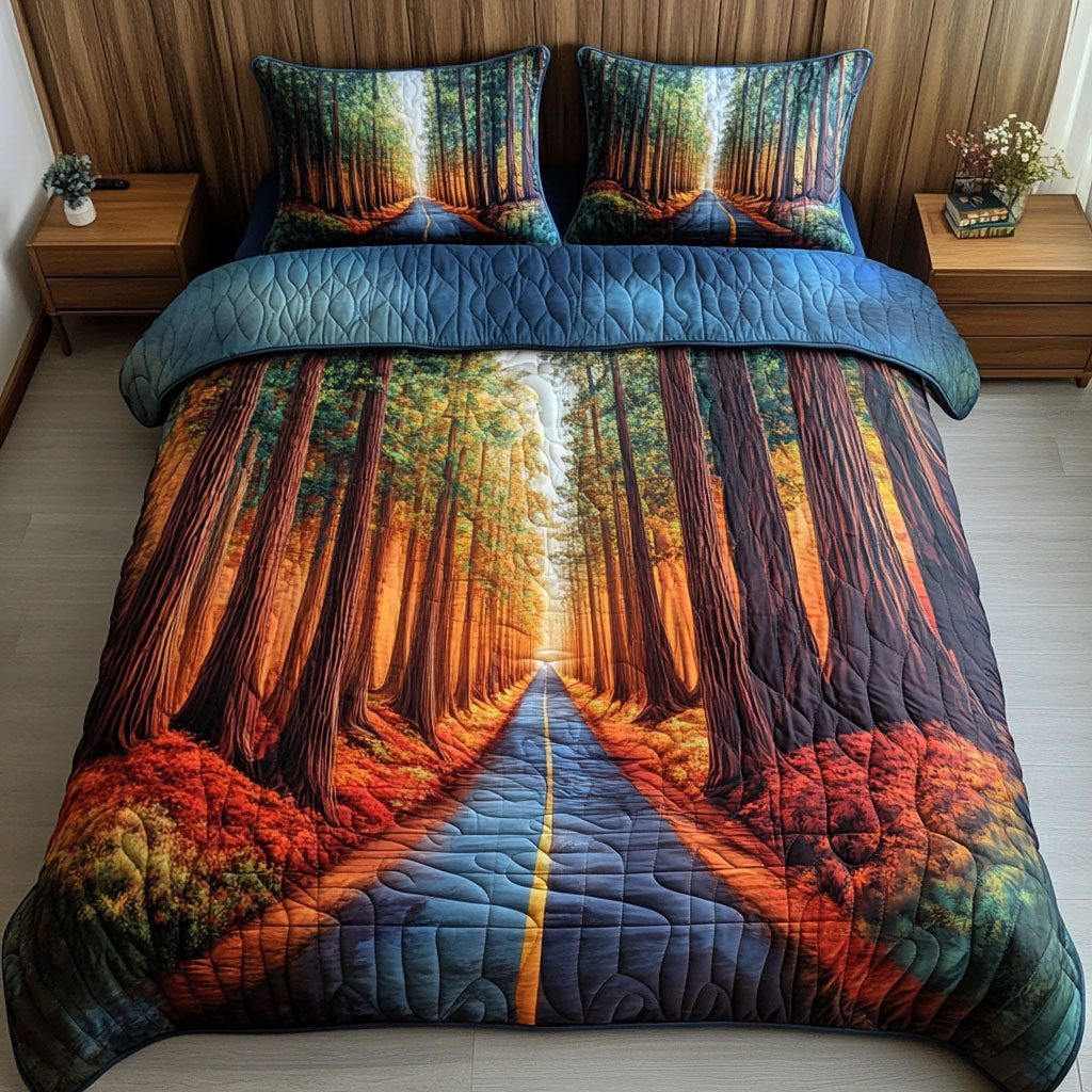 Endless Road quilted 3-piece bedding set on a made bed with two matching pillow shams