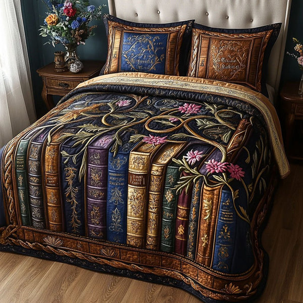 Endless Stories quilted 3-piece bedding set on a made bed with two matching pillow shams