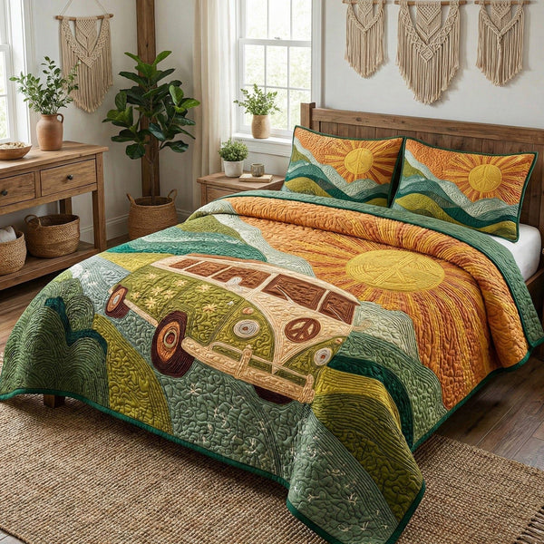 Endless Summer quilted 3-piece bedding set on a made bed with two matching pillow shams