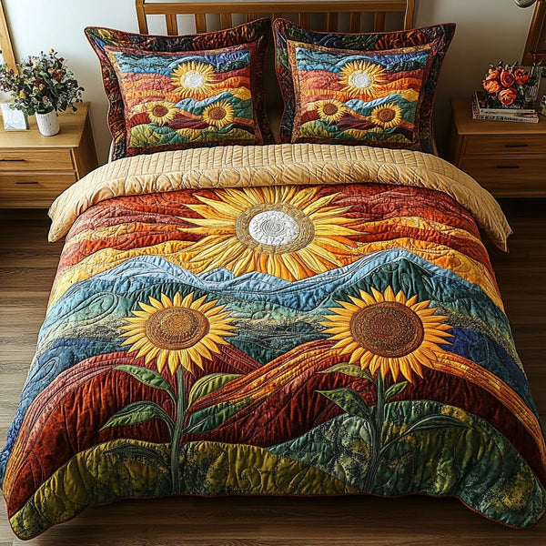 Endless Sunshine quilted 3-piece bedding set on a made bed with two matching pillow shams