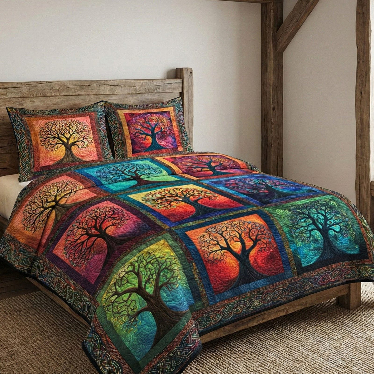 Enduring Roots quilted 3-piece bedding set on a made bed with two matching pillow shams