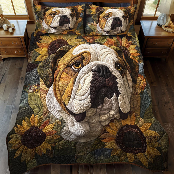 English Bulldog Love quilted 3-piece bedding set on a made bed with two matching pillow shams