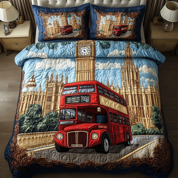 English Charm quilted 3-piece bedding set on a made bed with two matching pillow shams