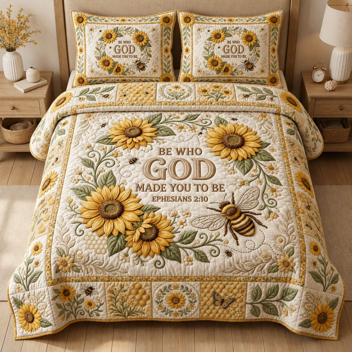 Ephesians 2 10 Bible Verse quilted 3-piece bedding set on a made bed in a softly lit bedroom