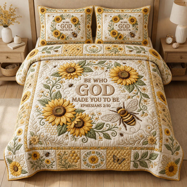 Ephesians 2 10 Bible Verse quilted 3-piece bedding set on a made bed in a softly lit bedroom