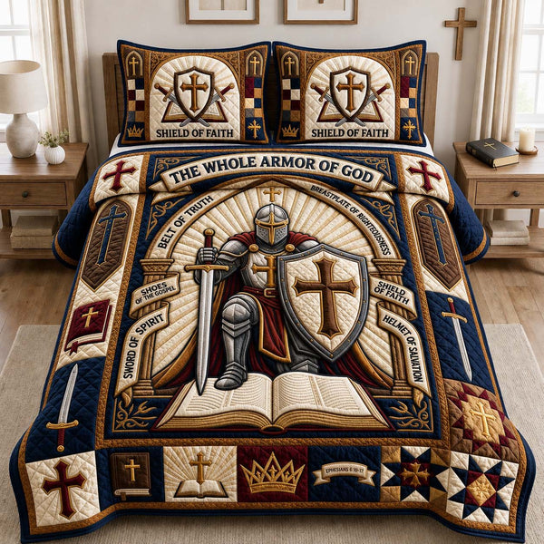 Ephesians Battle Knight quilted 3-piece bedding set on a made bed with two matching pillow shams