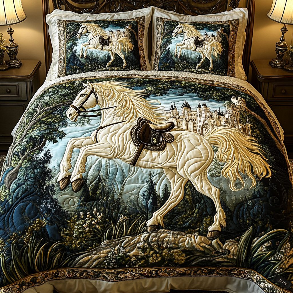 Equestrian Dream quilted 3-piece bedding set on a made bed in a rustic timber bedroom