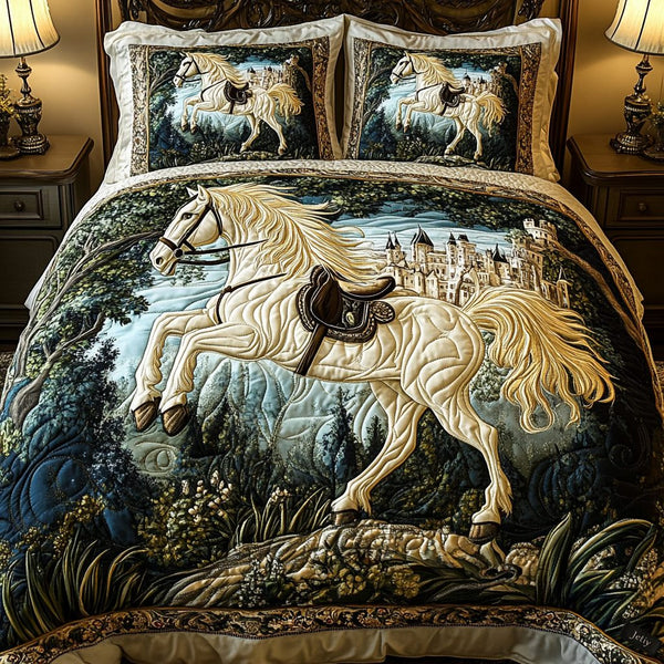 Equestrian Dream quilted 3-piece bedding set on a made bed in a rustic timber bedroom
