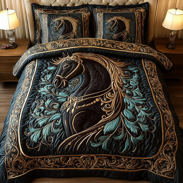 Equestrian Dream quilted 3-piece bedding set on a made bed in a rustic timber bedroom