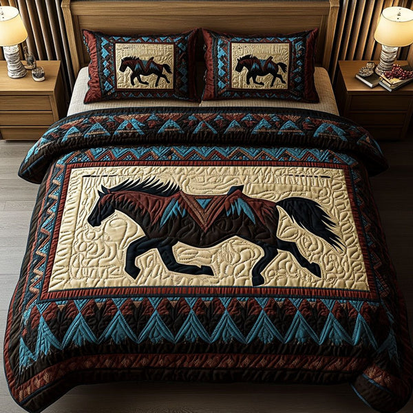 Equestrian Dreams quilted 3-piece bedding set on a made bed in a rustic timber bedroom