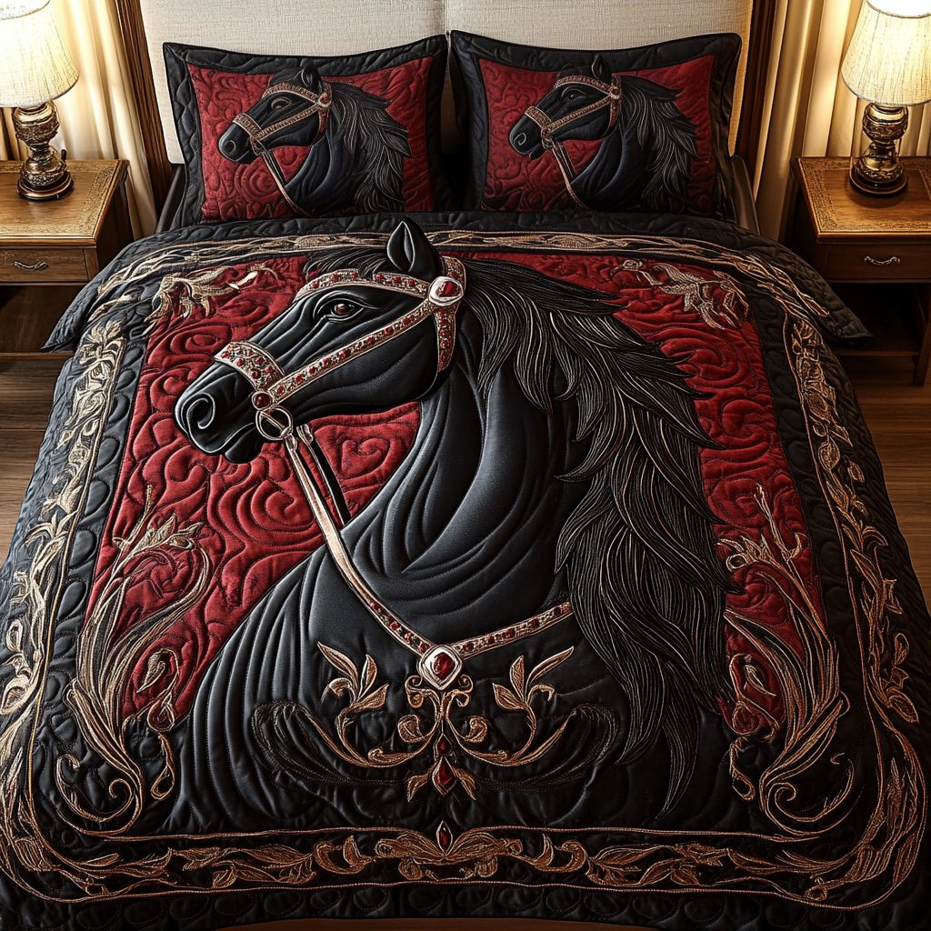 Equestrian Dreams quilted 3-piece bedding set on a made bed in a rustic timber bedroom