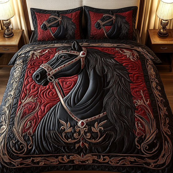 Equestrian Dreams quilted 3-piece bedding set on a made bed in a rustic timber bedroom