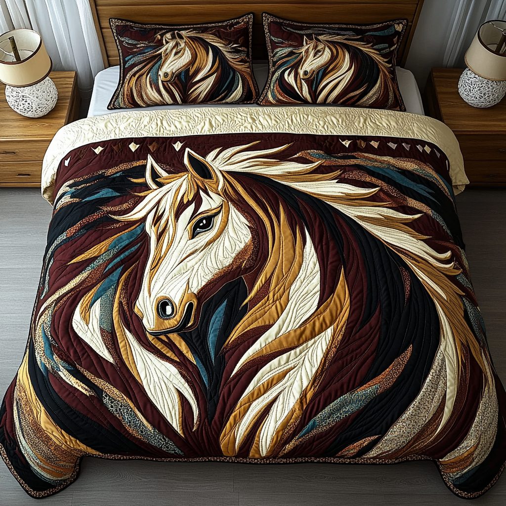 Equestrian Dreams quilted 3-piece bedding set on a made bed in a rustic timber bedroom