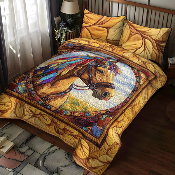 Equestrian Elegance quilted 3-piece bedding set on a made bed in a rustic timber bedroom