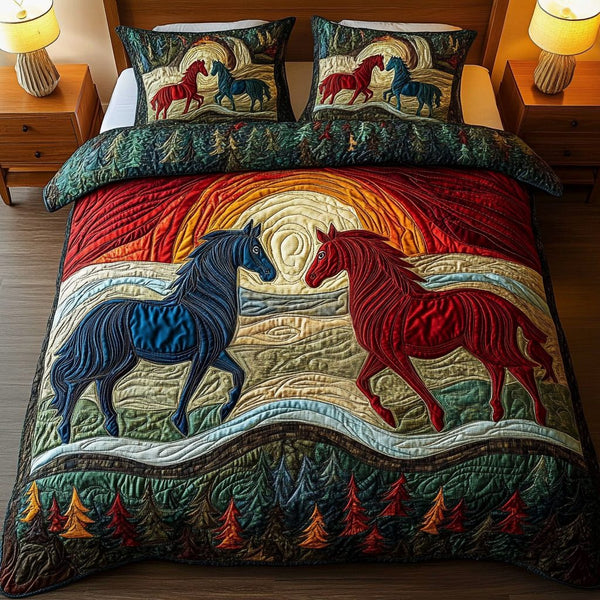Equestrian Elegance quilted 3-piece bedding set on a made bed in a rustic timber bedroom