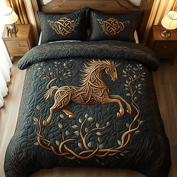 Equestrian Elegance quilted 3-piece bedding set on a made bed in a rustic timber bedroom