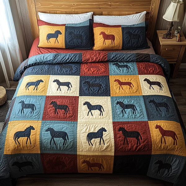 Equestrian Elegance quilted 3-piece bedding set on a made bed in a rustic timber bedroom
