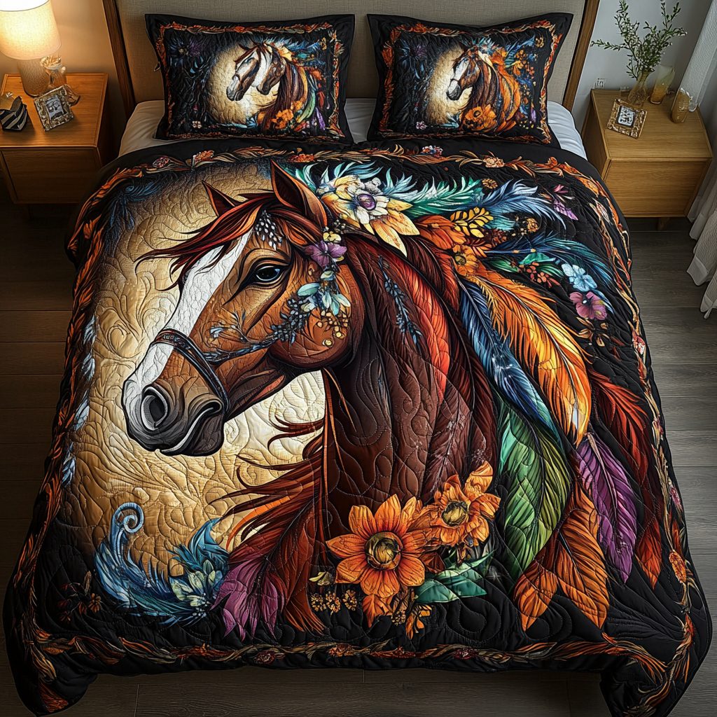 Equestrian Elegance quilted 3-piece bedding set on a made bed in a rustic timber bedroom