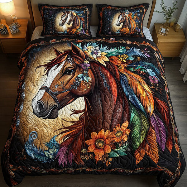 Equestrian Elegance quilted 3-piece bedding set on a made bed in a rustic timber bedroom