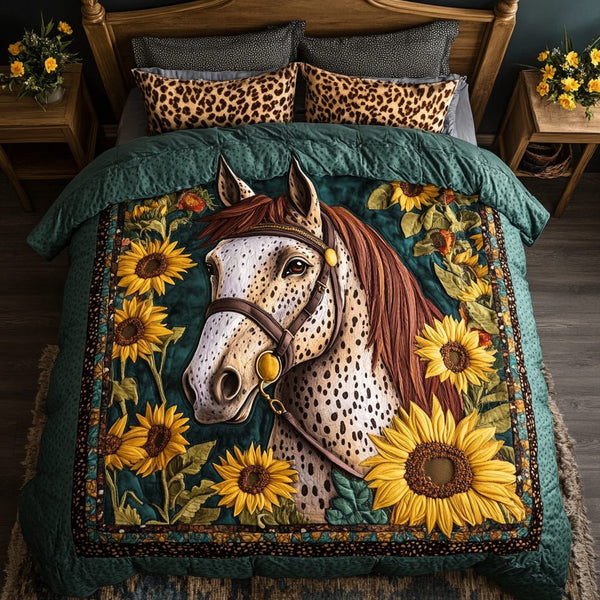 Equestrian Grace quilted 3-piece bedding set on a made bed in a rustic timber bedroom