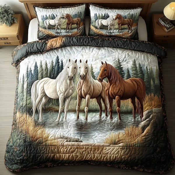 Equestrian Grace quilted 3-piece bedding set on a made bed in a rustic timber bedroom