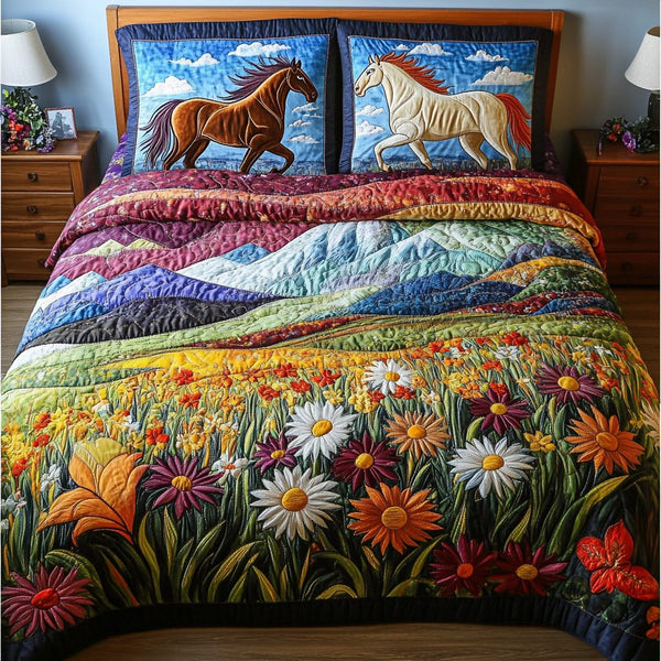 Equestrian Vibes quilted 3-piece bedding set on a made bed in a rustic timber bedroom