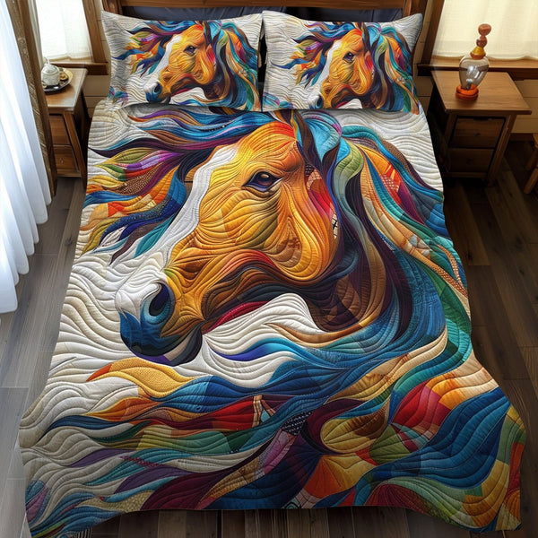Equine Art quilted 3-piece bedding set on a made bed with two matching pillow shams