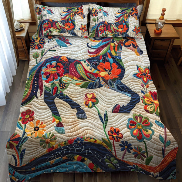 Equine Art quilted 3-piece bedding set on a made bed with two matching pillow shams