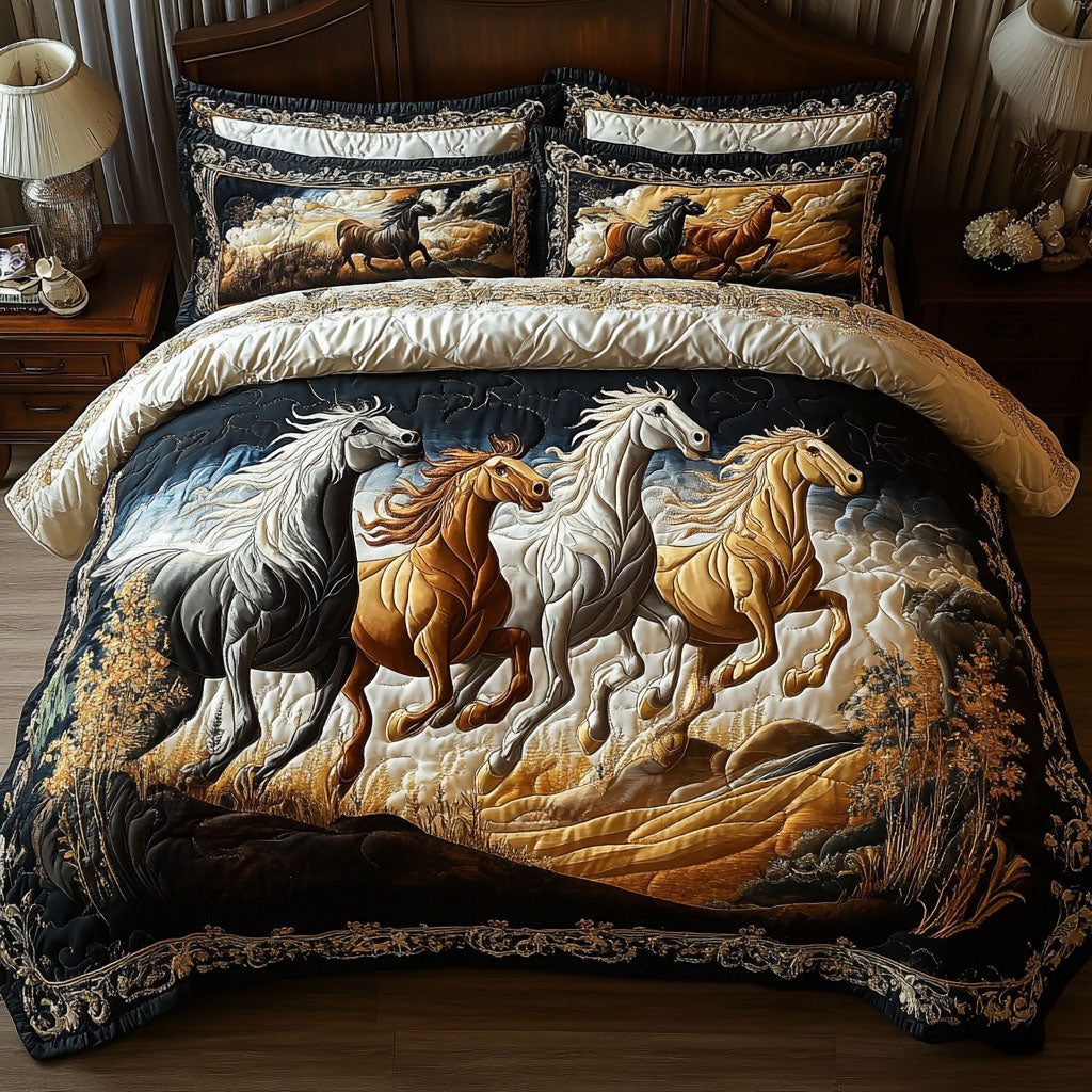 Equine Elegance quilted 3-piece bedding set on a made bed with two matching pillow shams