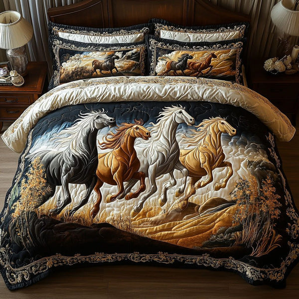 Equine Elegance quilted 3-piece bedding set on a made bed with two matching pillow shams