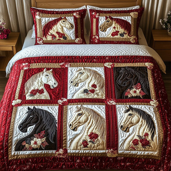 Equine Elegance quilted 3-piece bedding set on a made bed with two matching pillow shams