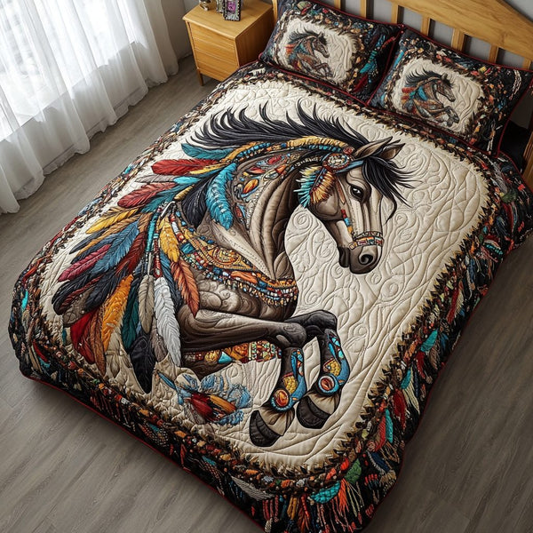 Equine Grace quilted 3-piece bedding set on a made bed with two matching pillow shams