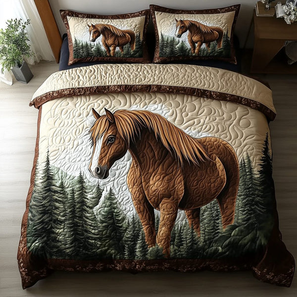 Equine Grace quilted 3-piece bedding set on a made bed with two matching pillow shams