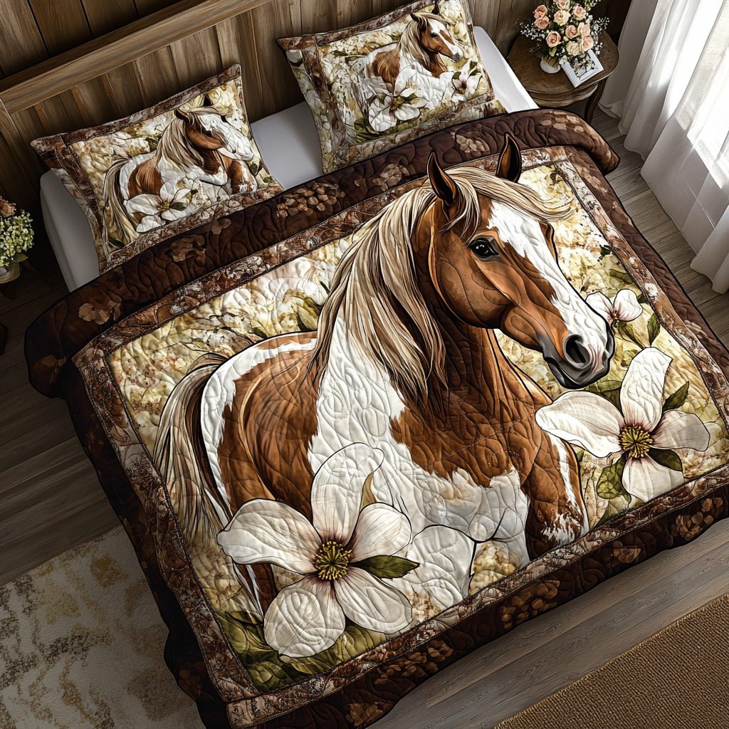 Equine Majesty quilted 3-piece bedding set on a made bed with two matching pillow shams