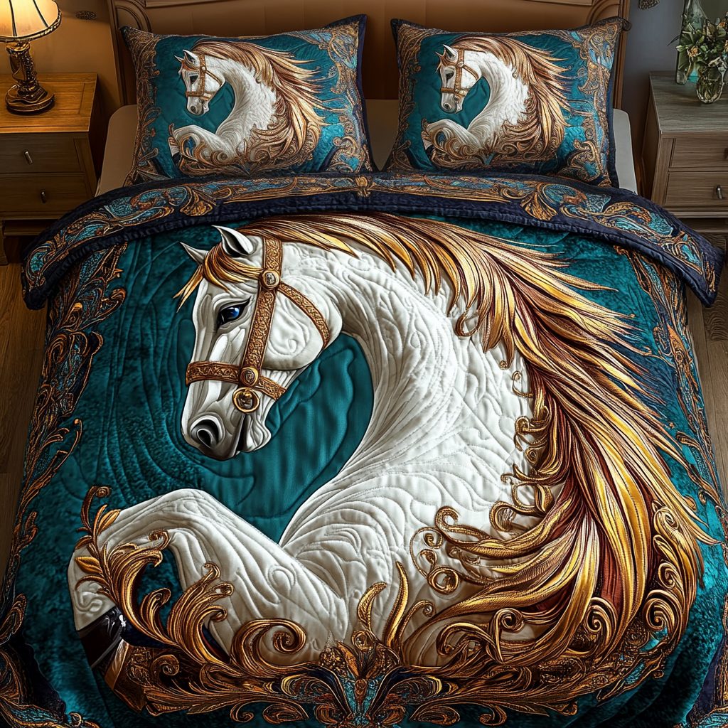 Equine Majesty quilted 3-piece bedding set on a made bed with two matching pillow shams