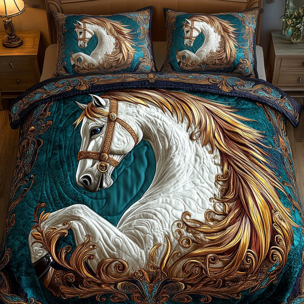 Equine Majesty quilted 3-piece bedding set on a made bed with two matching pillow shams