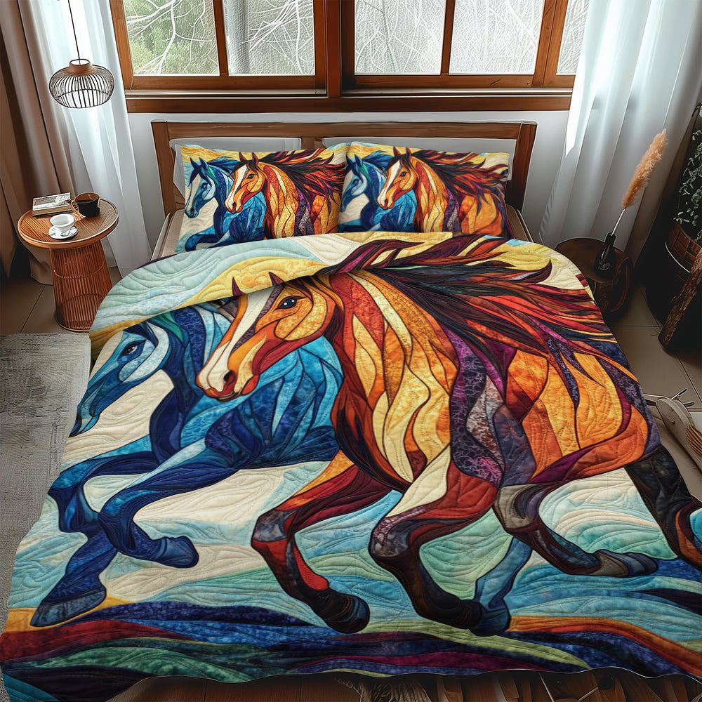 Equine Running Horse quilted 3-piece bedding set on a made bed in a rustic timber bedroom