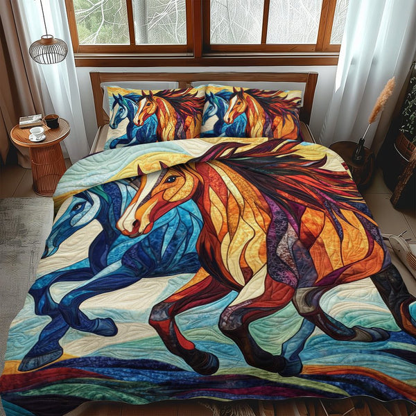 Equine Running Horse quilted 3-piece bedding set on a made bed in a rustic timber bedroom