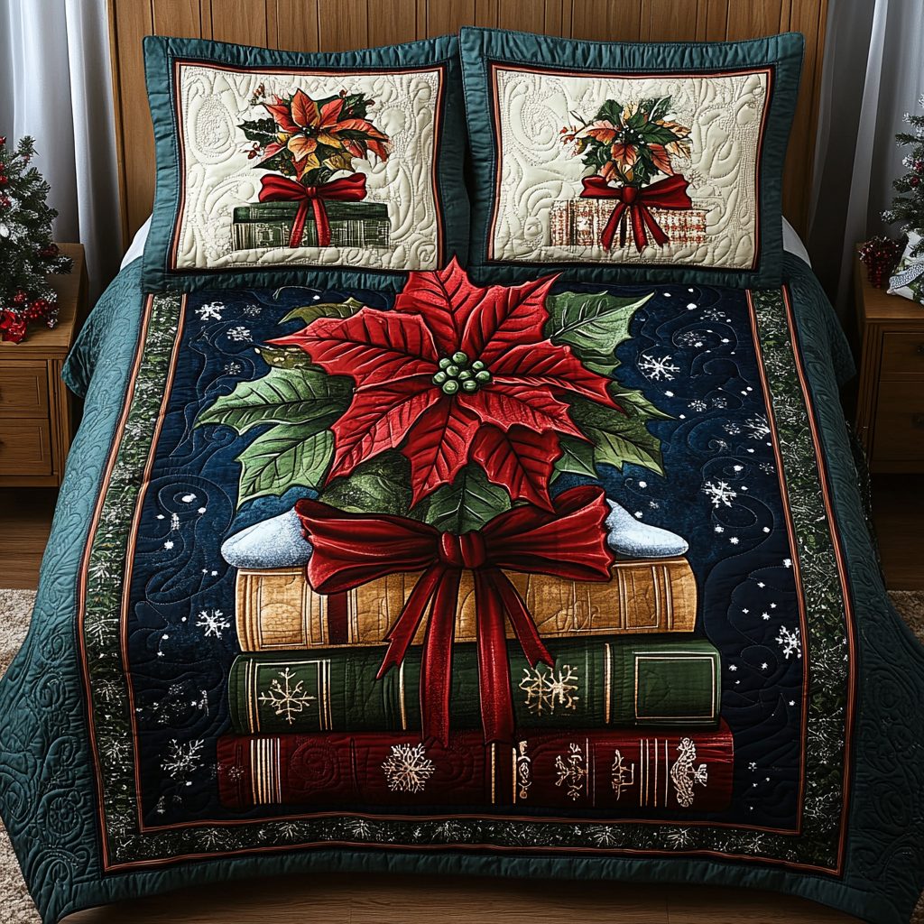 Escape Into Pages quilted 3-piece bedding set on a made bed with two matching pillow shams