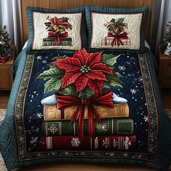 Escape Into Pages quilted 3-piece bedding set on a made bed with two matching pillow shams