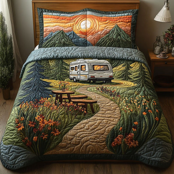 Escape RV quilted 3-piece bedding set on a made bed with two matching pillow shams