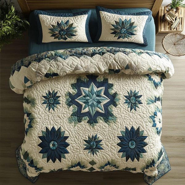 Eternal Barn Star quilted 3-piece bedding set on a made bed in a farmhouse bedroom
