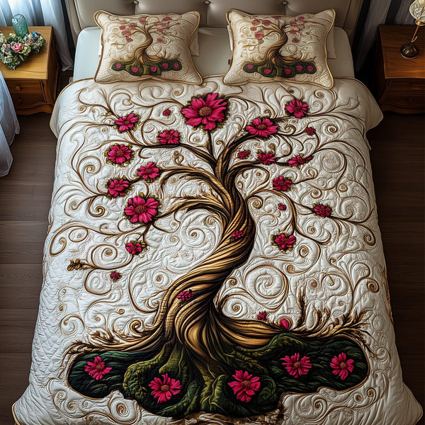 Eternal Beauty Tree quilted 3-piece bedding set on a made bed with two matching pillow shams