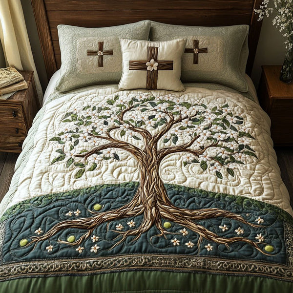 Eternal Blessing quilted 3-piece bedding set on a made bed with two matching pillow shams